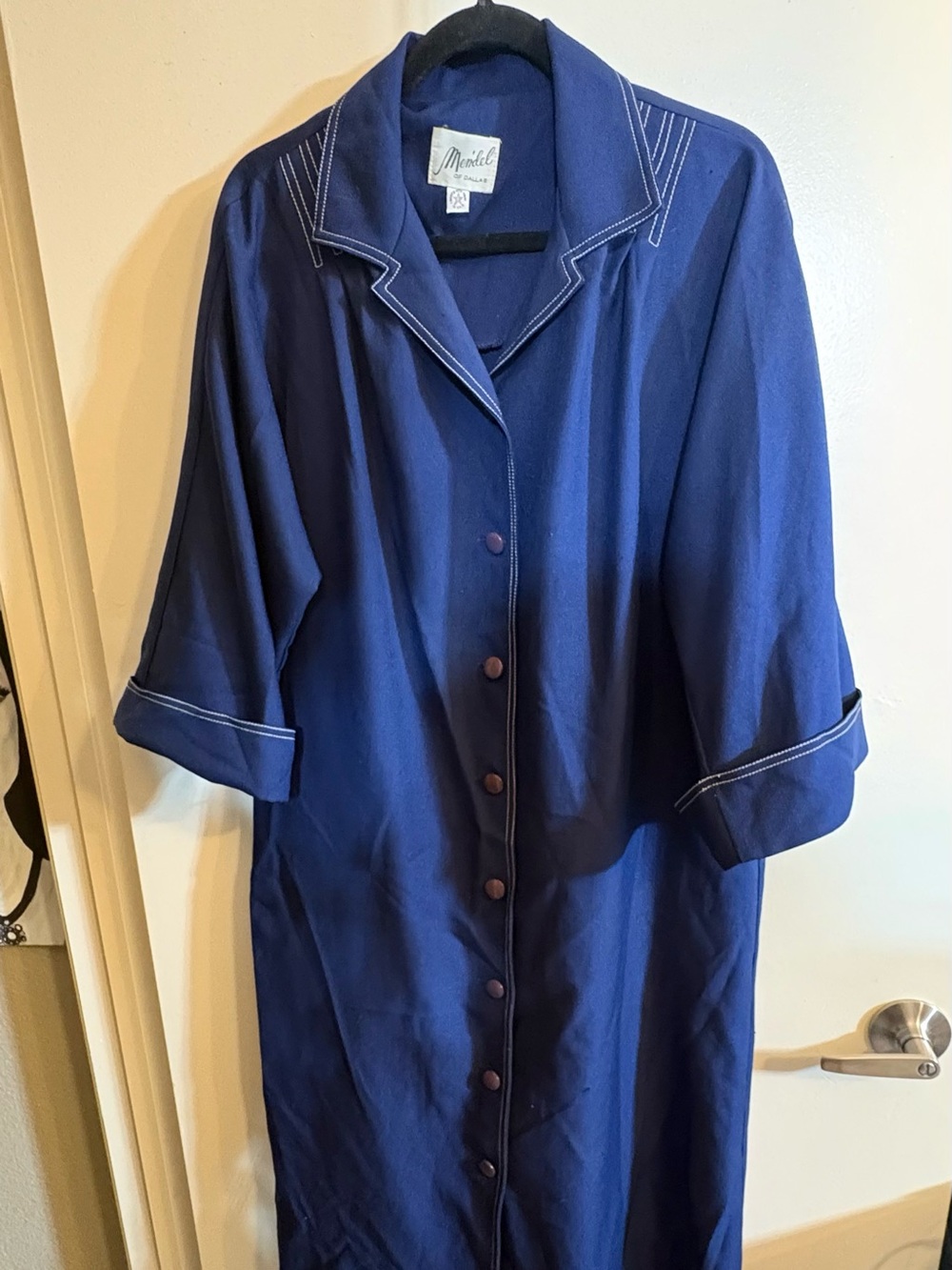 Vintage Navy Button-Front Smock Dress with Contrast Stitching